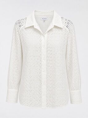 ACOA 100% Cotton White Eyelet Button Up Long Sleeve Feminine Sheer Shirt Size XL